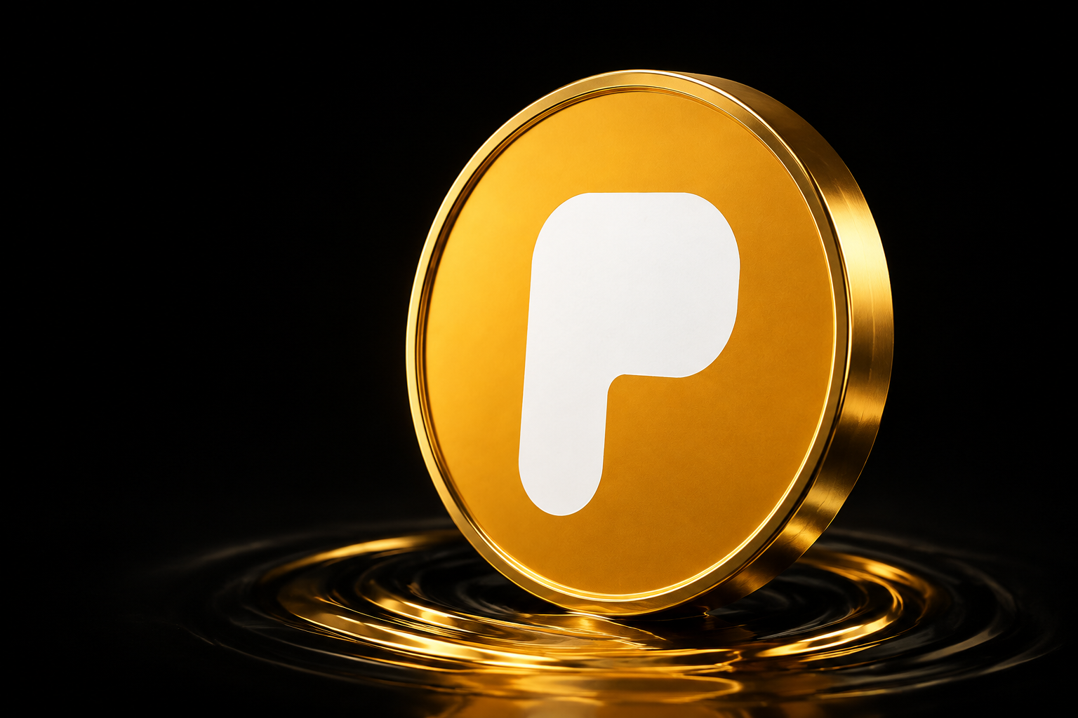 A gold PONSLESS medallion with the white P emblem, suspended above liquid gold.